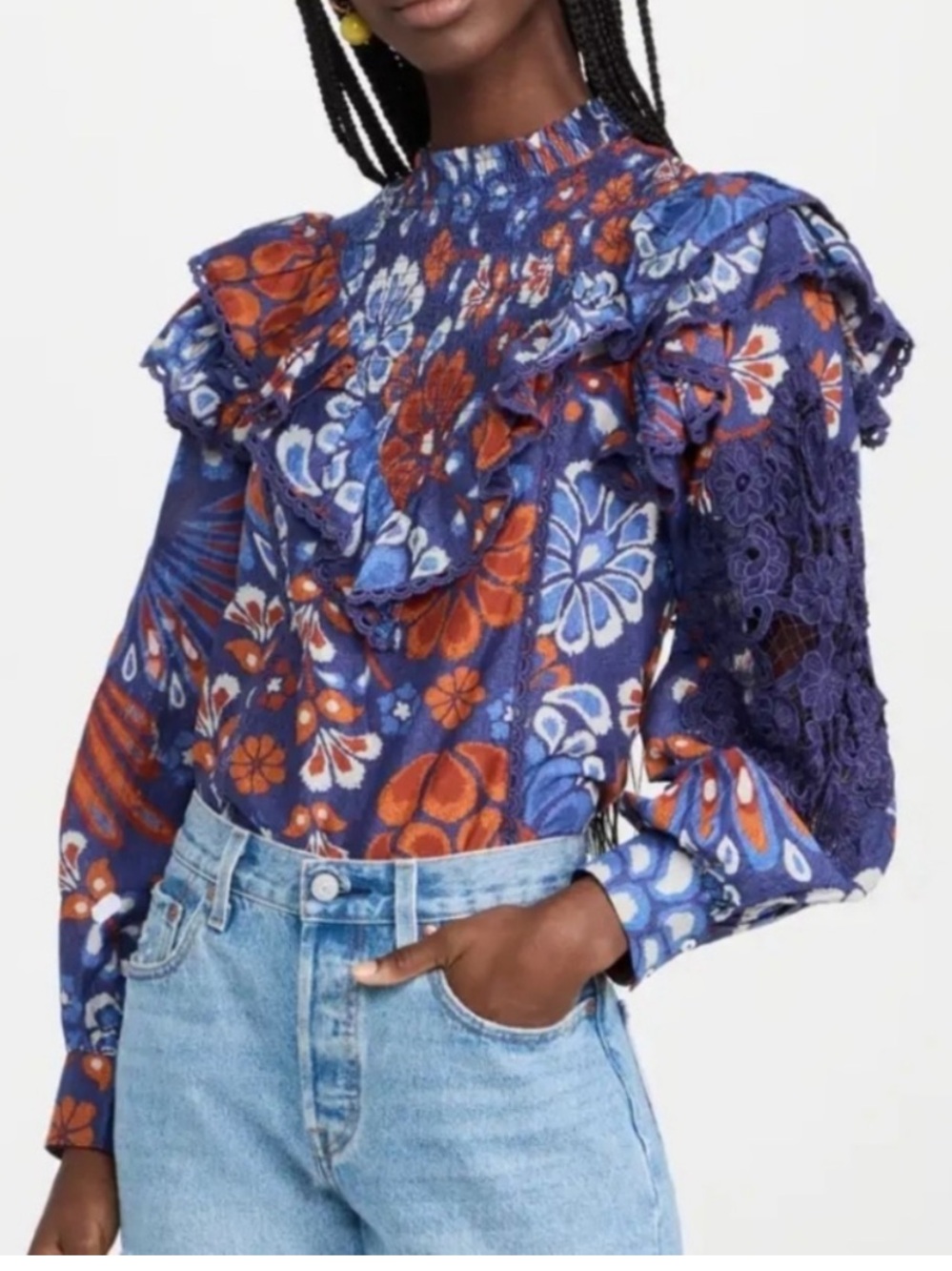 FARM RIO Smocked Pineapple Flowers Navy Blue Blouse Size Small Whimsigoth